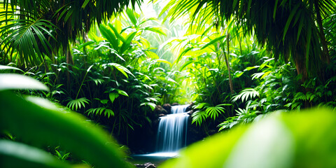 Beautiful wallpaper with a tropical landscape. Jungle with river, palms, trees and other wild evergreen plants. Tropical rainforest illustration. Generative AI