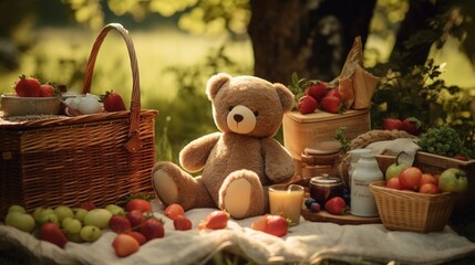 A teddy bear sitting on a picnic blanket in a sun-dappled forest clearing, surrounded by a basket...