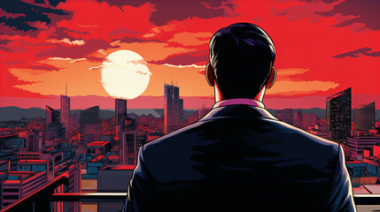 a silhouette of a businessman in a suit standing back to the viewers looking at the sunset over the cityscape, close-up, pop art style