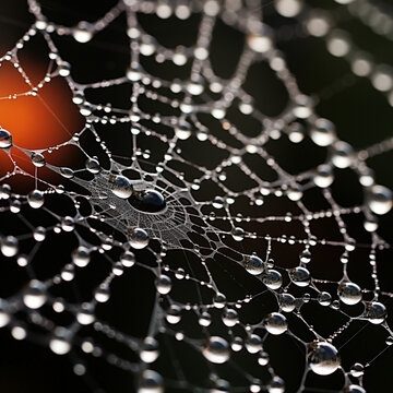 The picture showcases glistening drops of water adorning a delicate cobweb, creating a mesmerizing and ethereal scene that magnifies the wonders of nature