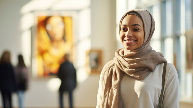 Portrait of a muslim woman of african nationality, art academy student at a contemporary exhibition at the museum of contemporary art. In the background abstract paintings and people, gallery visitors