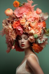 A woman with flowers on her head. Generative AI.