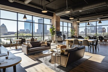 Fototapeta na wymiar Modern urban coworking space with brick, concrete, wood, and natural light offering stunning cityscape views. Contemporary furnishings elevate the stylish ambience. Generative AI