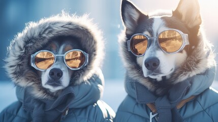 Two dogs wearing winter coats and sunglasses. Generative AI.