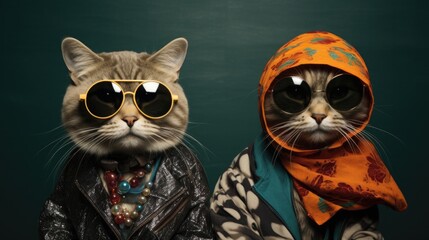 Two hipster cats wearing sunglasses and a scarf. Generative AI.