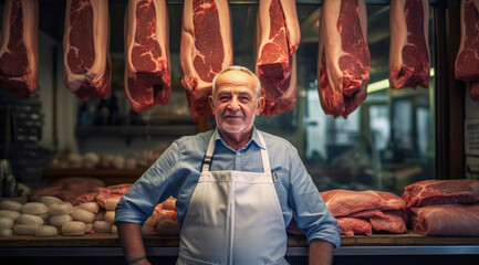 Fototapeta na wymiar A man standing in front of meat hanging from racks