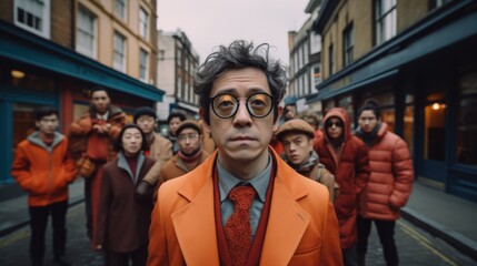 Fototapeta na wymiar A man in an orange jacket and tie standing in front of a group of people. Generative AI.