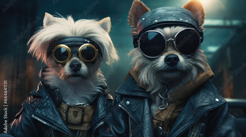 Canvas Prints a couple of dogs wearing leather jackets and goggles. generative ai.