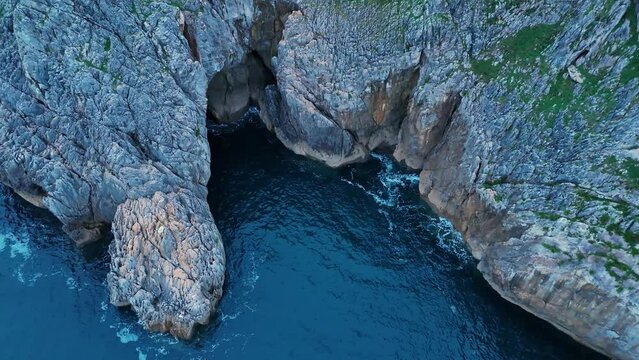 Cliffs in the surroundings of La Milla Medida de Islares. Aerial view from a drone. Castro Municipality. Cantabrian Sea. Cantabria. Spain. Europe