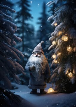 cute little gnome in a winter forest - ai-generated