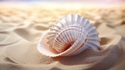 Fototapeta na wymiar Get lost in the artistry of nature with a close-up shot of a seashell, showcasing its delicate curves and intricate details, found on a remote tropical beach.