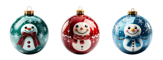 Set of three christmas balls with funny snowman, multicolored baubles. Winter holidays, new year ornament, festive decoration. Isolated cutout on transparent or white background.