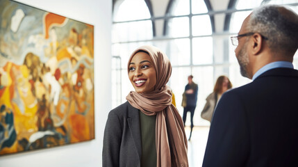 Portrait of a muslim woman, art academy student at a contemporary exhibition at the museum of contemporary art. Talking to art curator and gallery manager. In the background abstract paintings