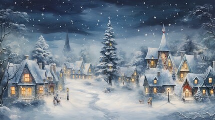 Magical Christmas night scene. Winter village landscape.
