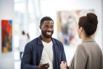 A male artist, african american ethnicity, at the opening day of the exhibition at a modern museum of contemporary art, communicates with Elegant woman, a lady art critic and a professional curator