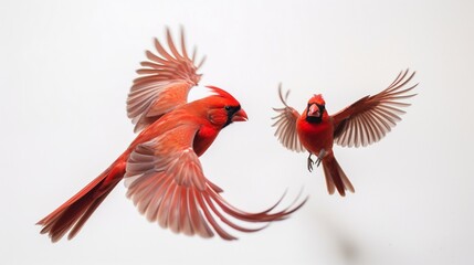 red cardinals flying, detailed birds, photo realistic, very detailed birds, very phot realistic,