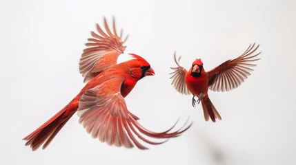  red cardinals flying, detailed birds, photo realistic, very detailed birds, very phot realistic, © Fahad
