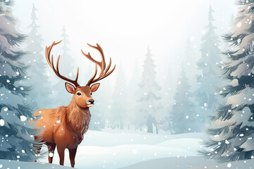 Elegant reindeer against snowy winter forest background. Holiday Christmas and New Year greeting card concept.