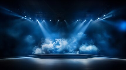 Illuminated stage with scenic lights and smoke.