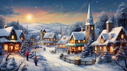 Magical Christmas night scene. Winter village landscape.