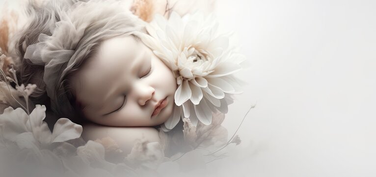 Caucasian baby lying in soft blooms. Newborn health tragedy, SIDS. Concept of neonatal mortality. Loss, funerals, childbirth, pediatric bereavement. Family mourning. Awareness. Infant funeral.