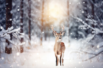 Elegant reindeer against snowy winter forest background. Holiday Christmas and New Year greeting card concept.