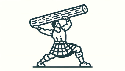 Caber toss. Scottish strongman athlete vector icon. Scotland man in kilt tossing the caber at highland games. Line art illustration - obrazy, fototapety, plakaty