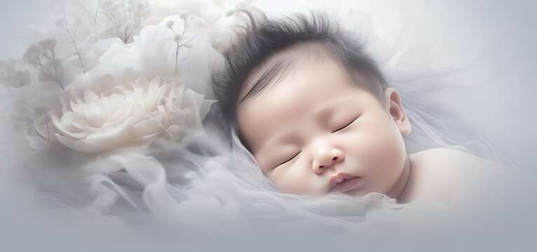 Asian newborn lying in soft fabrics. Child health tragedy, SIDS. Concept of neonatal mortality. Loss, funerals, childbirth, pediatric bereavement. Awareness. Infant funeral. Condolence.