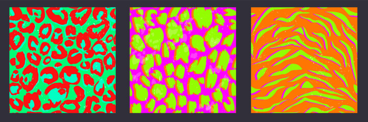 Fototapeta na wymiar Set of acid colored animal seamless patterns