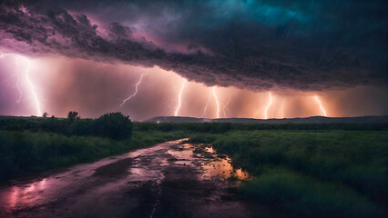 AI generated  photo of Powerful  thunderstorm at sunset
