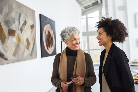 A female artist, african american ethnicity, at the opening day of the exhibition at a modern museum of contemporary art, communicates with Elegant woman, a lady art critic and a professional curator