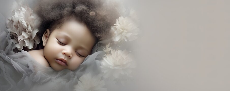 Condolence, grieving card, loss, funerals, support for african newborn. Baby lying on soft and neutral background for sending words of support and comfort. Coping with family tragedy.