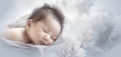 Asian baby boy lying in soft fabrics .Child health tragedy. Concept of neonatal mortality and stillbirth. Loss, funerals, pediatric bereavement. Awareness. Infant funeral. Family tragedy. - obrazy, fototapety, plakaty