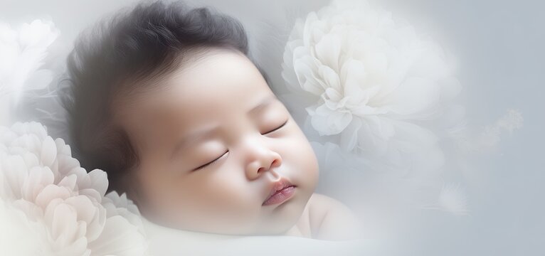 Asian baby boy lying in soft blooms .Child health tragedy, SIDS. Concept of neonatal mortality. Loss, funerals, childbirth, pediatric bereavement. Awareness. Infant funeral.