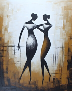 Abstract Ballet Girls Oil Painting On Canvas - Ballerina Dress Dancer Textured Hand Painted Painting - African girls dancing illustration oil painting watercolor art