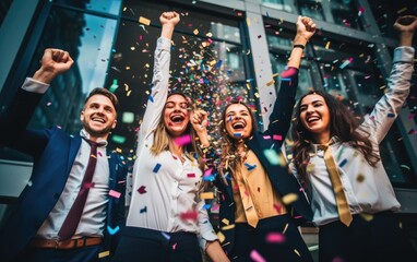 Fototapeta premium Office young workers standing happy with hands up and confetti falling