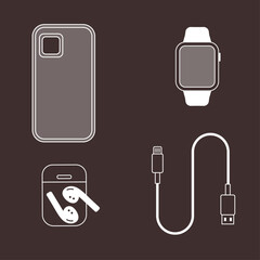 accessories for smartphones: case, charging cable, smartwatches, wireless headphones - line art