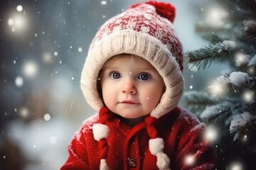 Cute Christmas elf baby child waiting for the holiday - obrazy, fototapety, plakaty