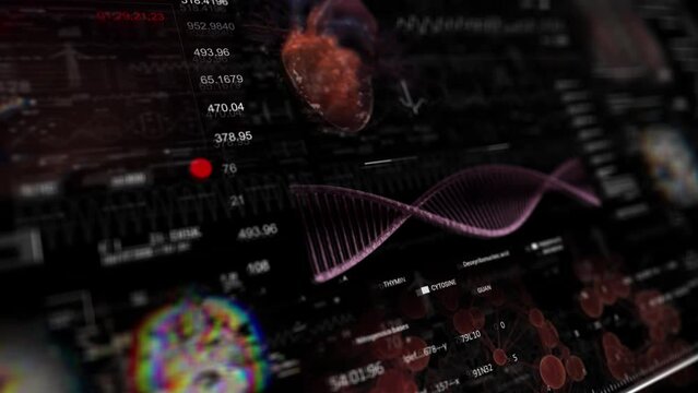 Medical HUD monitoring MRI x ray Scan, micro surgery arthroscopy operation.DNA. Heard rate monitor. Futuristic Technological Interface. Sceleton MRI x ray Scan, 3D Model Animation.Healthcare.