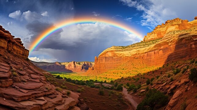 image that conceptually conveys "Bridging Divides" as a rainbow arches over a deep canyon, connecting its edges.