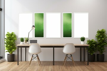 Front view of blank posters in a stylish coworking office with modern computers, green flowers, and a wooden floor. Generative AI