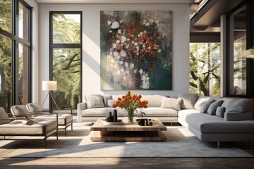 Naklejka premium Beautiful Luxury Living Room Interior with Neutral Tones, Modern Furnishings, Large Abstract Artwork, and Sunlight Filtering Through Tall Windows