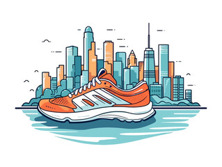 Doodle Running shoe with city skyline, cartoon sticker, sketch, vector, Illustration, minimalistic