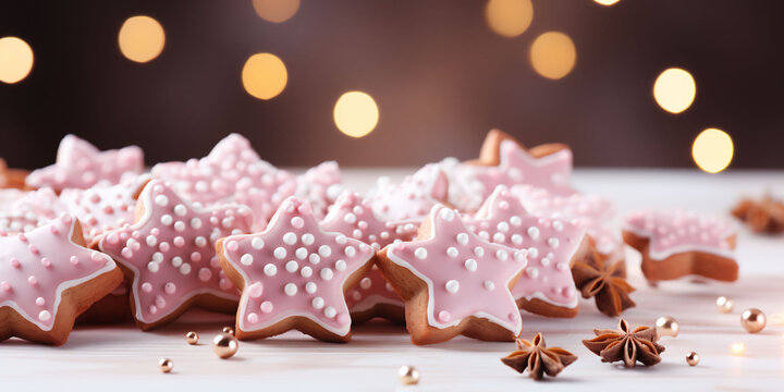 Banner of Christmas gingerbread cookies adorned with sweet pink icing and anise stars. bokeh lights in background. High quality photo