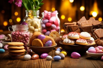Obraz na płótnie Canvas Assortment of Easter treats on wooden table. Generative AI