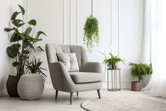 White living room with gray armchair, pillow, and green plants. Generative AI