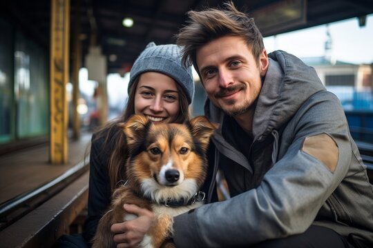 Joyful couple with their dog at train station