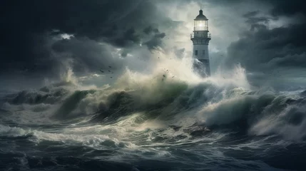 Rolgordijnen image that metaphorically represents "Isolation" with a lone lighthouse standing tall in the middle of a vast, stormy sea. © Fahad