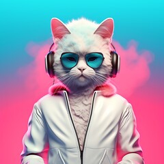 Naklejka premium Chill cat in a white hoodie savoring the sound of music