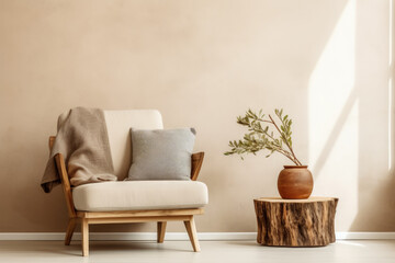 lounge chair and wood stump side table against beige stucco wall with copy space